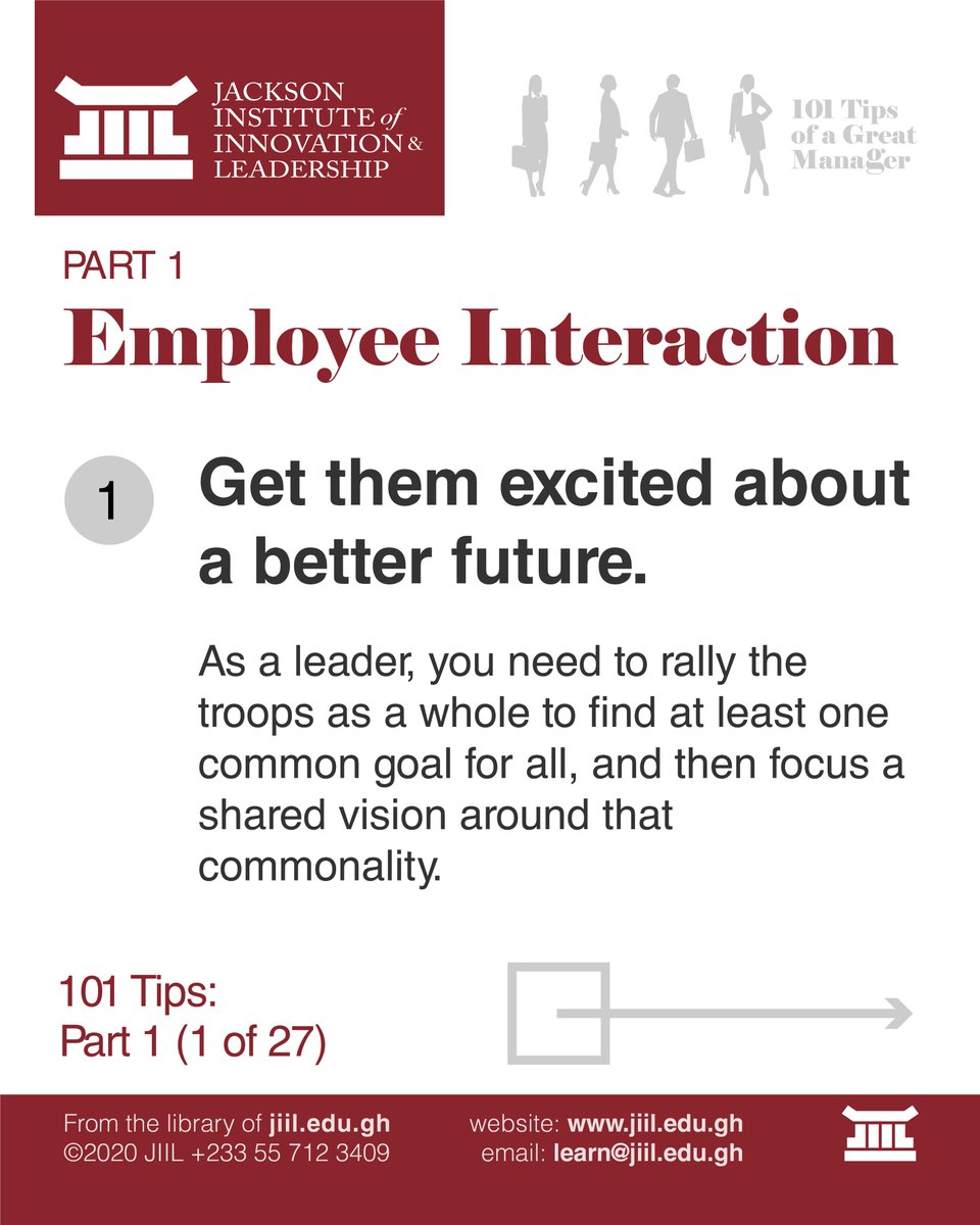 JiilEduGh's tweet image. 101 Tips of a Great Manager
#Tip1 #Slide1

#101Tips #Manager #Employee #GreatManager #Leader #JIIL #LearnatJIIL #Interaction