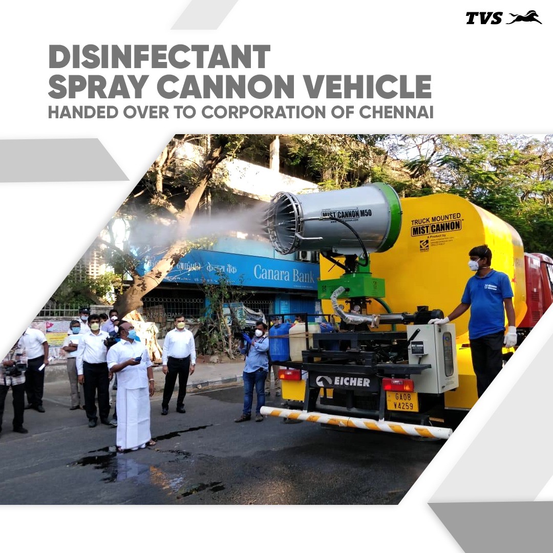 tvsmotorcompany's tweet photo. Srinivasan Services Trust (SST) and Sundaram-Clayton Ltd., handed over ‘Disinfectant Spray Cannon’ vehicle to the Corporation of Chennai today. #Covid19 #IndiaFightsCorona https://t.co/nDVVEff8yq