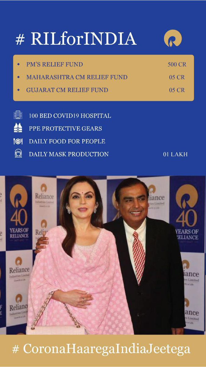 Reliance Industries announces Rs 500 crore contribution to #PMCARES Fund In addition to its multi-pronged on-the-ground fight against Covid-19 #RIL #CoronaHaaregaIndiaJeetega
