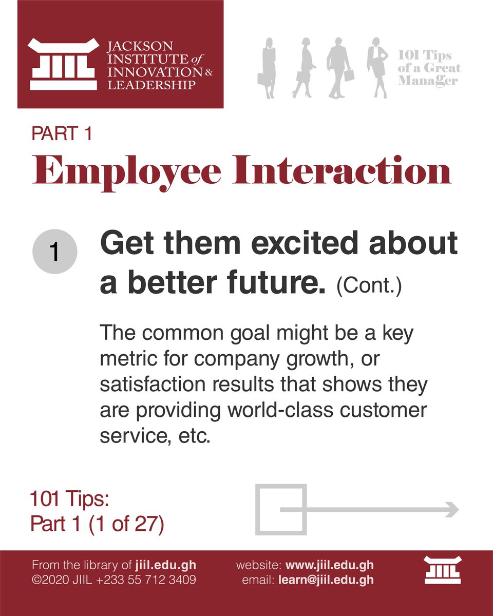 JiilEduGh's tweet photo. 101 Tips of a Great Manager
#Tip1 #Slide4
#101Tips #Manager #Employee #GreatManager #Leader #JIIL #LearnatJIIL #Interaction https://t.co/MOaMiYROWP