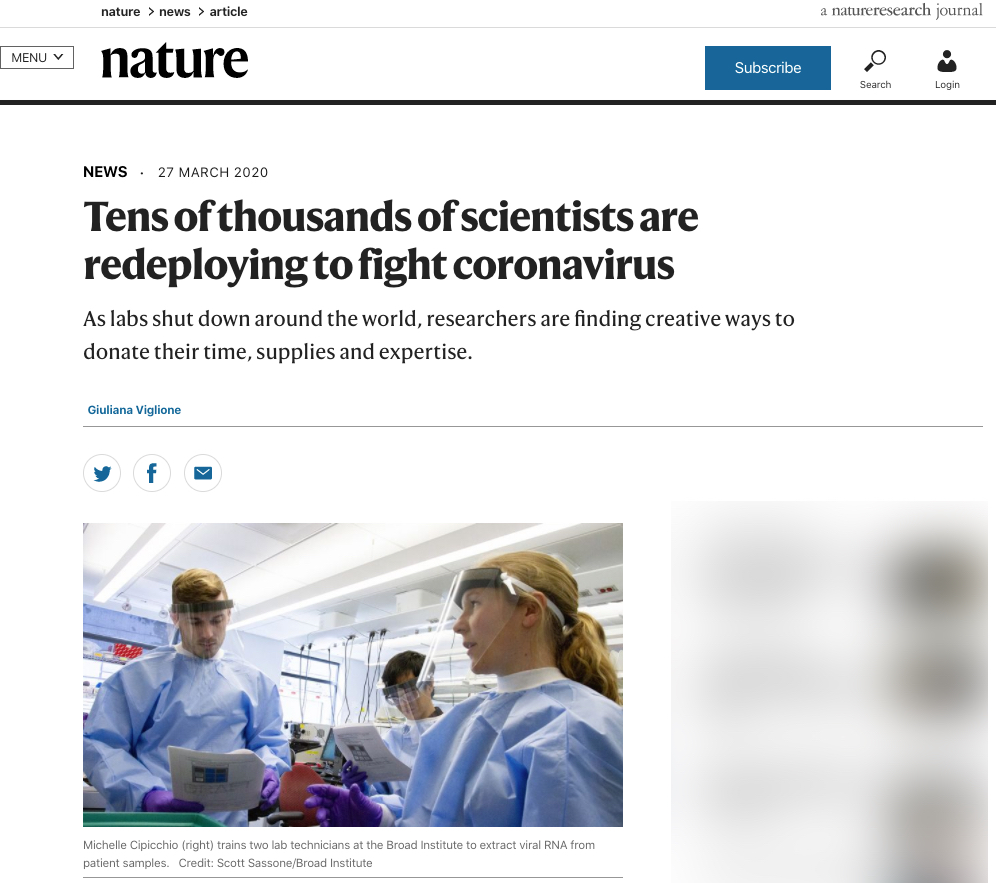 From @nature | Tens of thousands of scientists are redeploying to fight #coronavirus | #covid19 | go.nature.com/2WS02yX