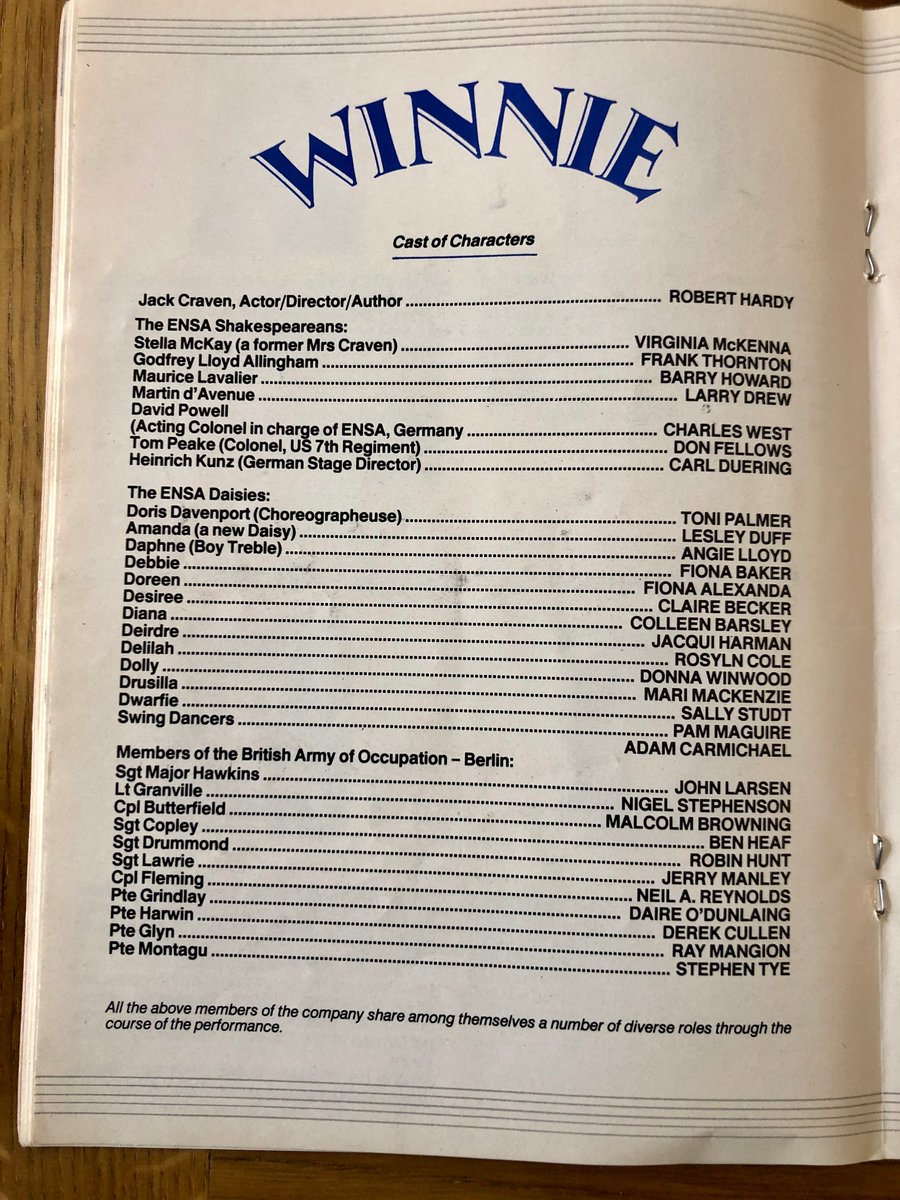 WINNIE starred Robert Hardy (any relation to the writer?) & Virginia McKenna. 'Oh it was marvelous,' says Dudley. 'Mind you, I can't remember any of the songs.' Here's the list. I'm creating my own version of Kiss Me Goodnight, Sergeant-Major.  #DudleysProgrammes  #lockdown