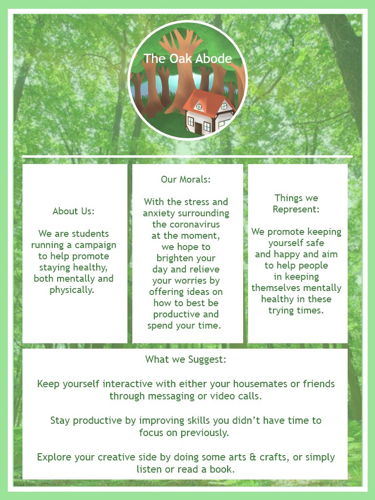 AbodeOak's tweet photo. Hello, 

This is the beginning of our new campaign, The Oak Abode, which aims to help promote staying healthy, both mentally and physically, during these times. #BWCIT #selfcare #mentalhealth #stayinghealthy https://t.co/RioaoXH7sM