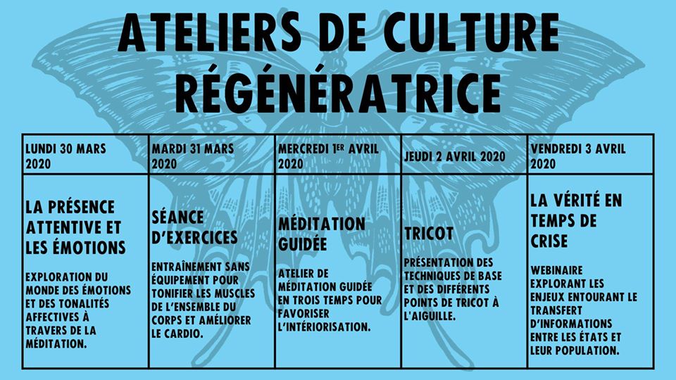 Voici l’horaire des activités qui seront en direct sur la page Facebook pendant la semaine du 30 mars 2020, en plein #COVID19. Les ateliers débutent à 11h du matin et sont d'une durée de 30 minutes. Merci et bonne semaine! 💙✊FB: facebook.com/XR.Quebec #ExtinctionRebellion