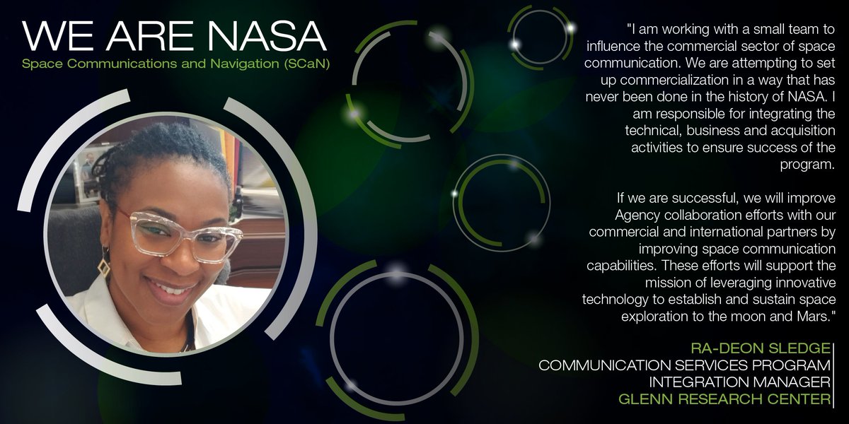 Tweet from TweetCaster - <a href="/NASASCaN/">ARCHIVED NASA Space Communications and Navigation</a>: To conclude #WomensHistoryMonth, meet Ra-Deon Sledge, Communication Services Program Integration Manager <a href="/NASAGlenn/">NASA's Glenn Research Center</a>! #WeAreNASA

<a href="/WomenNASA/">Women@NASA</a>  <a href="/NASApeople/">NASA People</a> 
Shared via TweetCaster