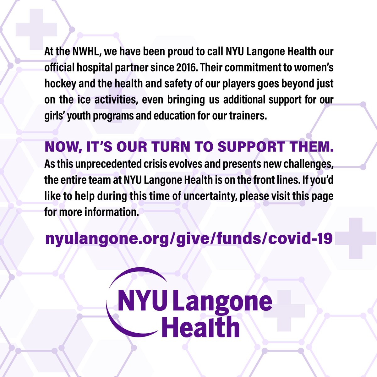 PHF's tweet photo. On #NationalDoctorsDay, the NWHL salutes ALL medical personnel on the front lines and ask that you consider giving your support to our dedicated partners at NYU Langone Health 💜

🔗: https://t.co/hZxb5y1Ny6 https://t.co/JVTyX1GN77