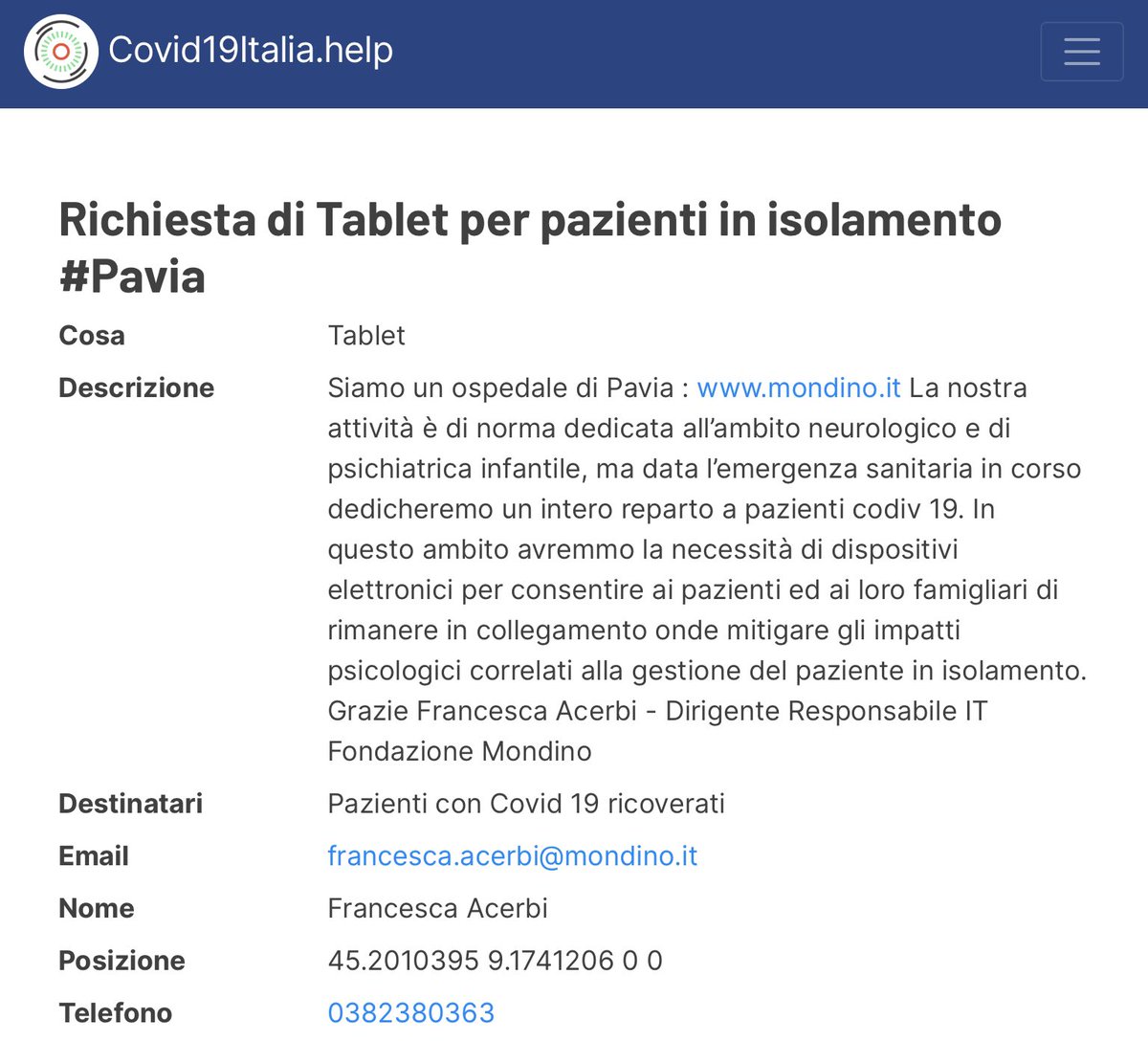 ItaliaCovid19's tweet photo. 🔴 IMPORTANTE Reparto #Covid19 dell’Ospedale di #Pavia ha bisogno di #tablet per mettere in comunicazione i pazienti ricoverati con i familiari. Potete dare una mano? @AmazonNewsItaly @UnieuroNews @fmdigitale @EuronicsItalia @Coopitalia 
Qui tutte le info: https://t.co/ZZ7Rdx1x41 https://t.co/0ISbetgEFZ
