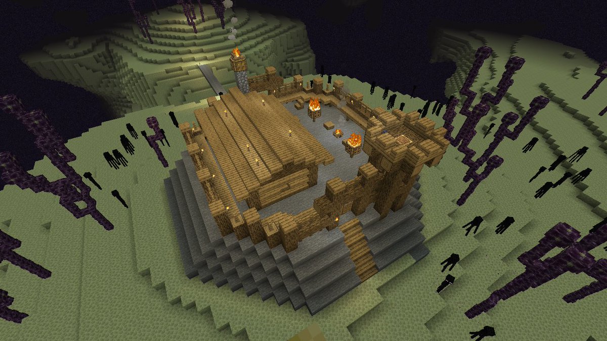 同田貫 エンドは目印が無くて迷いやすい ということで目印になりそうな拠点を作りました ゲートからちょっと近すぎたかな 盛り土にしたかったが エンダー先輩が持っていくので石にしたり あとryunn0805さんにエリトラ貰いました ありがとうございます