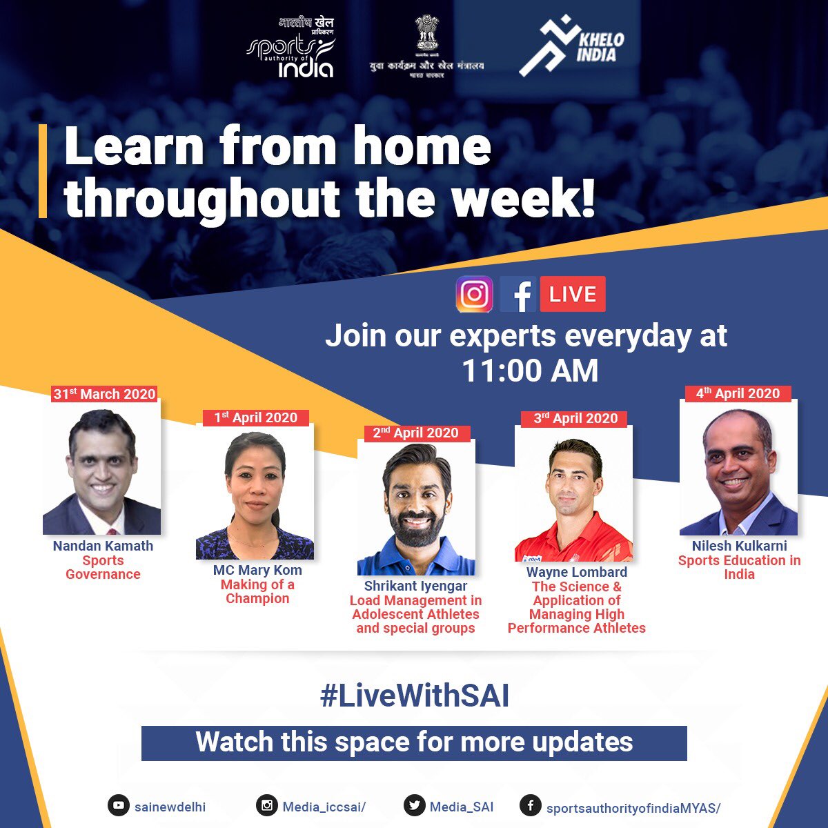 Media_SAI's tweet photo. New perspectives 🙇
New ideas 💡
New thoughts 💭
All new things around sports await you! Join elite sports experts on @Media_SAI Facebook and Instagram LIVE, everyday at 11:00 AM.
#LiveWithSAI
@KirenRijiju @DGSAI @RijijuOffice  @PMOIndia @IndiaSports @YASMinistry @nandankamath https://t.co/5gJf62vOVF