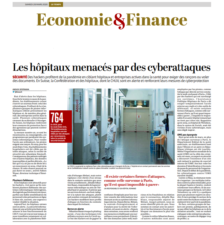 nextday_vision's tweet photo. [NEWS SECURITE - @LeTemps - Les hôpitaux menacés par des #cyberattaques]
https://t.co/aEwZMLBntq SA est à votre disposition pour vous aider.

#cybersécurité #cybersecurity #swiss #covid19 #coronavirus https://t.co/AZ1iJDMeRJ