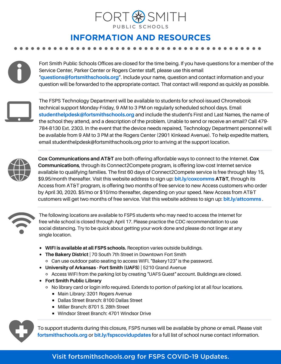 FSSchools's tweet photo. We created a helpful resource guide that includes information on technology support, affordable ways to connect to the internet, wifi locations in the community, school nurse support, and other community resources. Please share this information with your friends and family. (2/4) https://t.co/DzHj6TD8F3