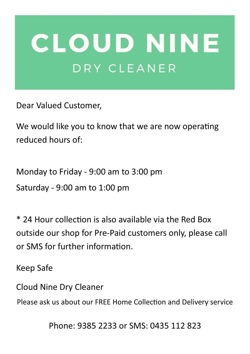 cloudnineclean_'s tweet photo. We would like you to know that we are now operating reduced hours... https://t.co/mo2gLVrJ5R