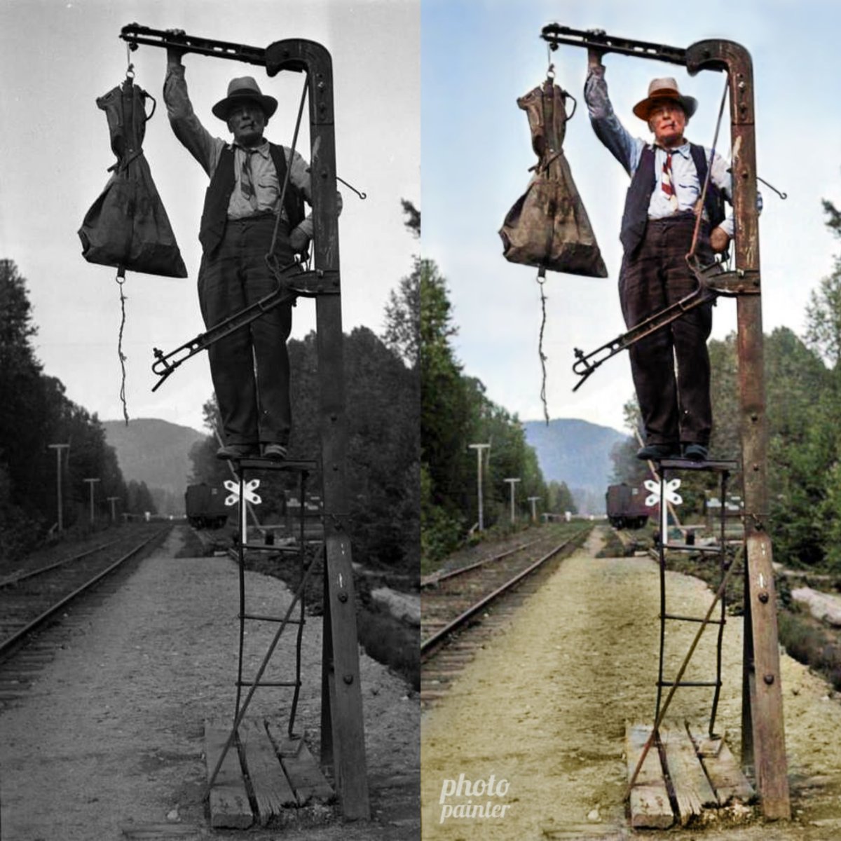 PhotoPainterBC's tweet photo. It was 1930, when Mr. A. Y. Wilson, postmaster at Remo and Watchman at Kitsumkalum Lumber Mill, hung this mailbag beside a railway track for train pick-up.
#Kitsumkalum 
Photo credit: #WrathallPhotoFinishing #blackandwhitephoto #railmail #postmaster #mailbag
#oldphoto #colourized https://t.co/pCMD0fIlqc