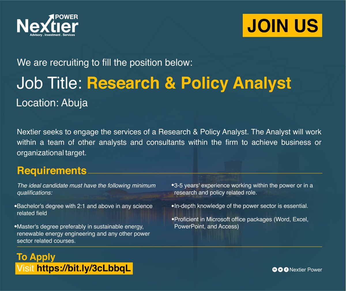 We are hiring!

Nextier seeks to engage the services of a Research &amp; Policy Analyst. The Analyst will work within a team of other analysts and consultants within the firm to achieve business or organizational target. 

Visit: bit.ly/3cLbbqL to apply.