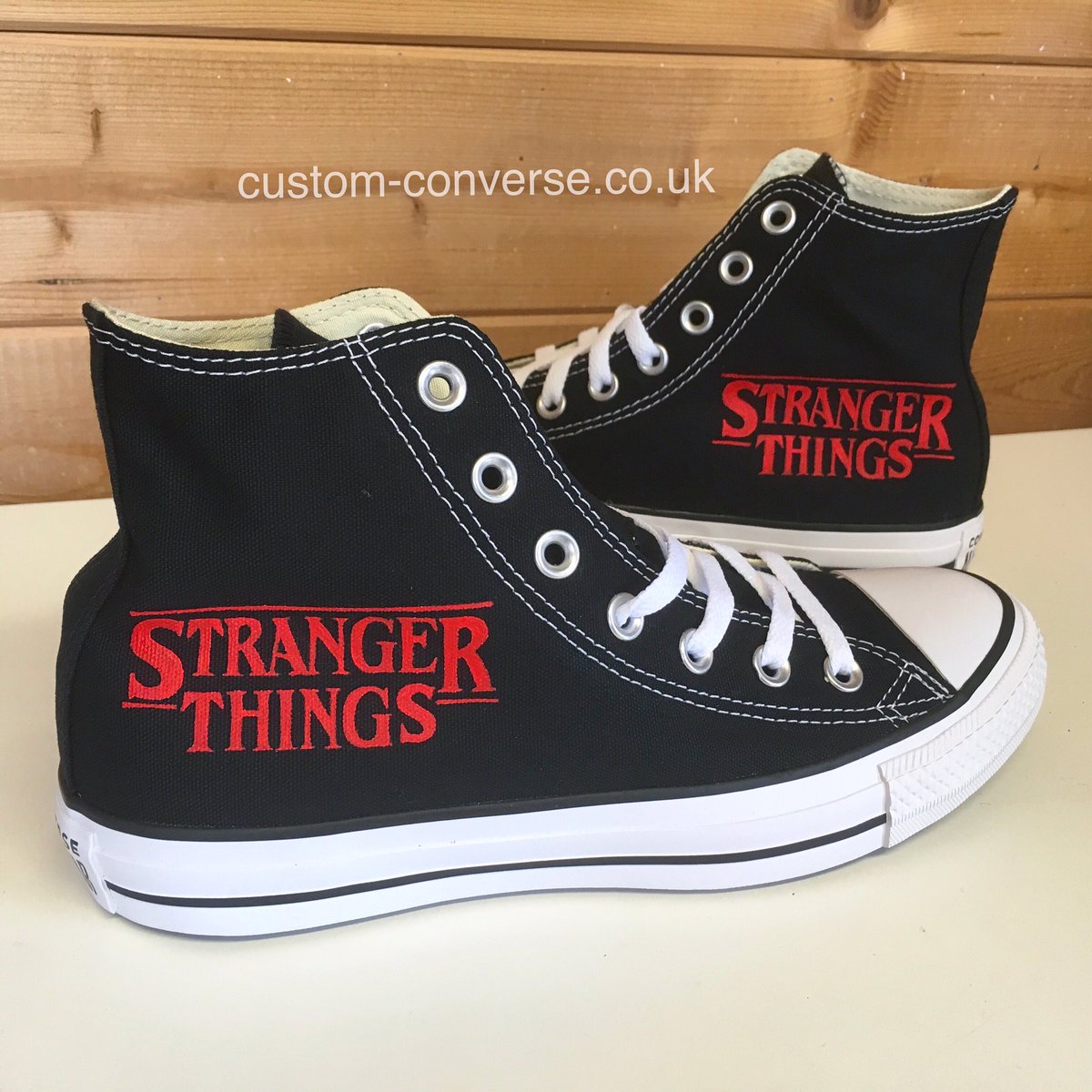 Custom Converse on Twitter: "New on the website! Stranger Things high tops  with the logo in red on both shoes 👌🏻 https://t.co/oH0a7Wrbma  https://t.co/tvD5upyiMX" / Twitter