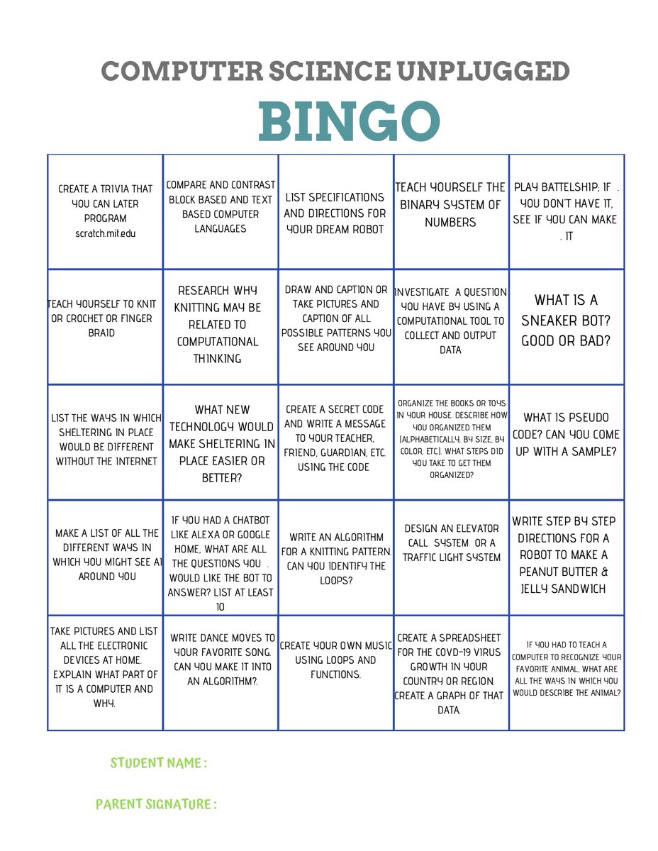 SKolhatkar's tweet photo. #csunplugged Bingo
#csta #csk8 #csforall #csedchat #schoolclosure
Corrected a typo from the last one. Thanks for catching that @AnnaOtto5280 https://t.co/dMkPDKqctU