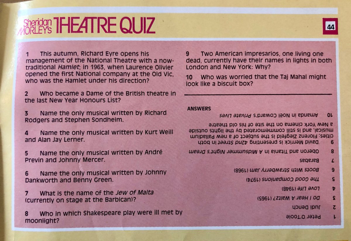 And finally, a little more interactive bit for you: here's a 1988  #TheatreQuiz from the late critic  #SheridanMorley from  #Winnie's programmes. How many answers can you get right w/o looking? Several are non-time-specific! #DudleysProgrammes  #Londontheatre  #lockdown  @RnH_Org