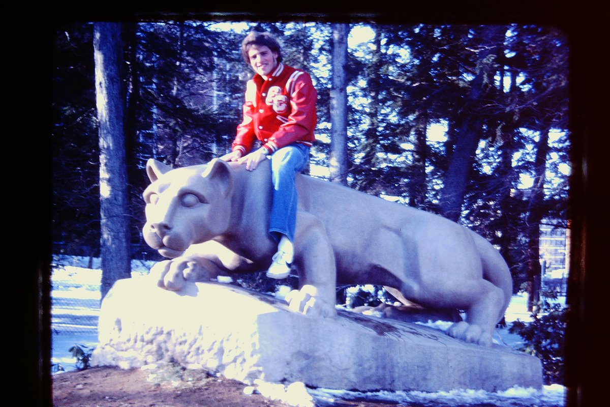 Here is my dad on the Lion Shrine before his freshman year wearing his HS letterman jacket from Fox Chapel.