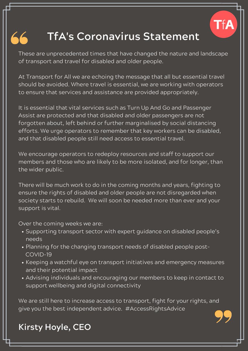 TransportForAll's tweet photo. These are unprecedented times that have changed the nature and landscape of transport and travel for disabled and older people.

Here is our statement on how COVID-19 is affecting our community, what must be done to protect rights, and what we are working towards.

(Thread 👇) https://t.co/SJeBzQnIZI