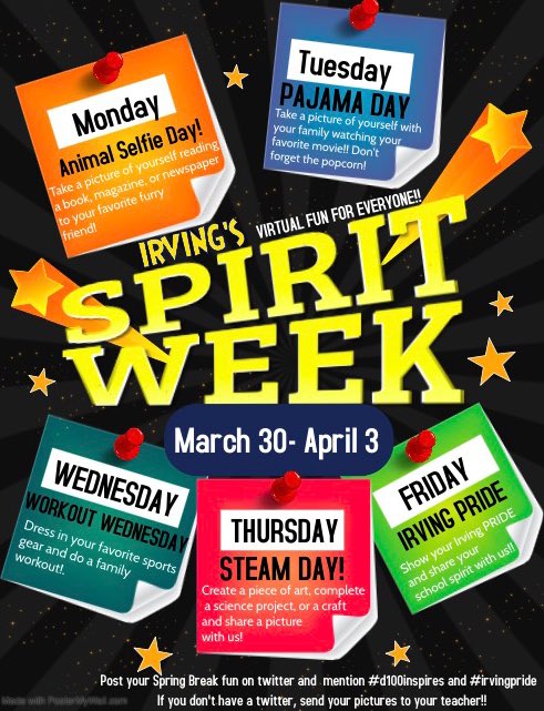 Attention all @IrvingBerwyn Eagles!! Don’t forget about our spring break Spirit Week! Tag your teachers so we can all see the fun you will be having this week!! #irvingpride #d100inspires