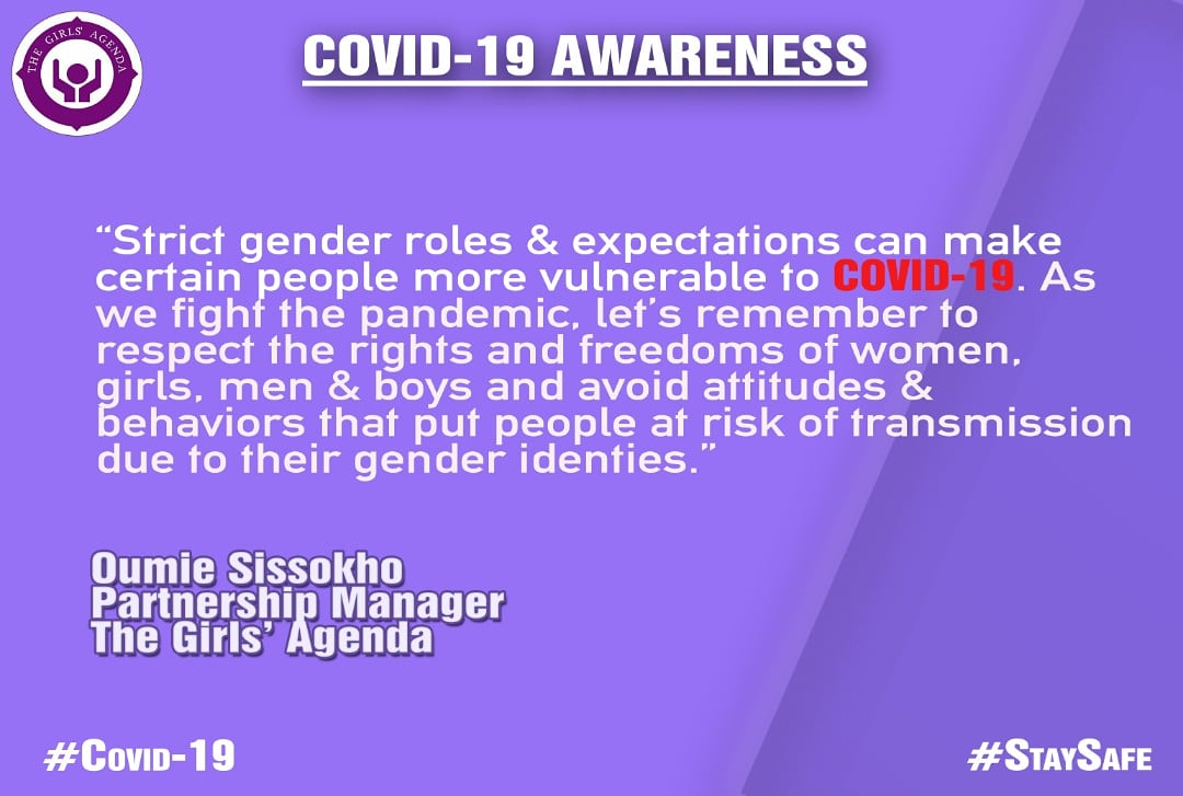 AllGirlsAgenda's tweet photo. After weeks of using our social media platforms to sensitize people about the COVID-19, we're now moving to other related matters. First, let's remember, every disaster has gender implications that affect women and men differently. Let's not turn a blind eye to this. 🙏🏾👍🏾👇🏾👌🏾 https://t.co/wxtWuoOEaG