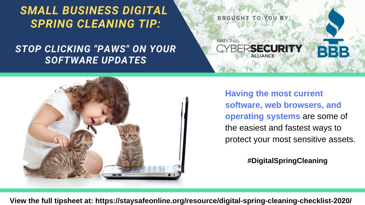 StaySafeOnline's tweet photo. @bbb_us & @Staysafeonline #smallbusiness Digital Spring Cleaning Tip 2/6: Protect your most sensitive assets by regularly updating your software to the most recent version. #updatemeow View the full checklist here: https://t.co/QuprEn4pUX #DigitalSpringCleaning https://t.co/w70KqnejWW