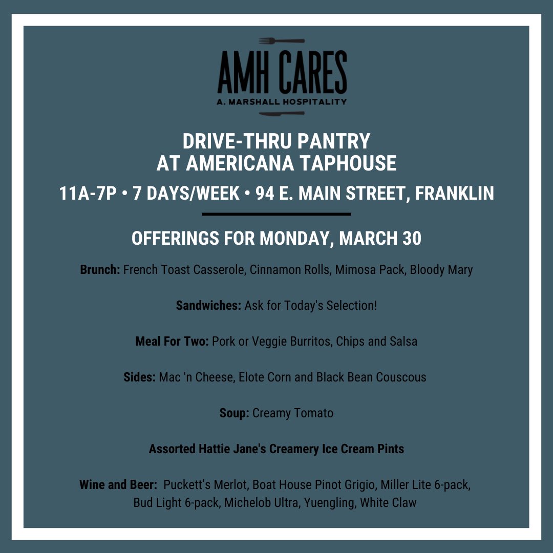 While we cannot wait to serve you at Americana Taphouse again, seeing everyone's smiling face at the Drive-thru Pantry is helping our team get through this difficult time more than you know!😀 We're back open at 11am. Come join us!