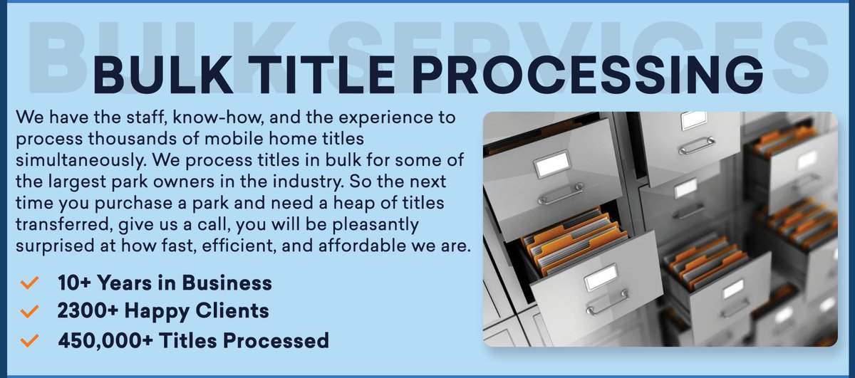 We make bulk title processing simple and easy. Send us your spreadsheets, and we'll get that hard part taken care of! 
Call us today @ (800) 658-7577