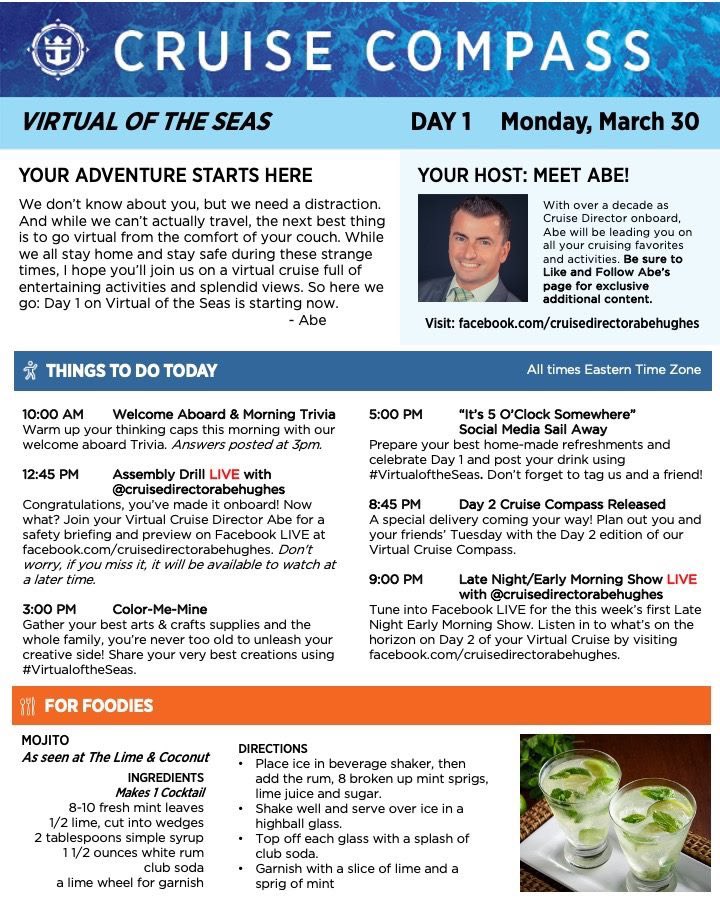 JamesVanFleet's tweet photo. Mornin’ World! New Cruise!! Welcome to back to back Cruising! (It’s a thing in case you didn’t know). Here’s your Day 1 Cruise Compass on @RoyalCaribbean #VirtualoftheSeas, brought to you by Cruise Director Abe Hughes! Keep...pushing...forward!! https://t.co/3t4bkPjarK