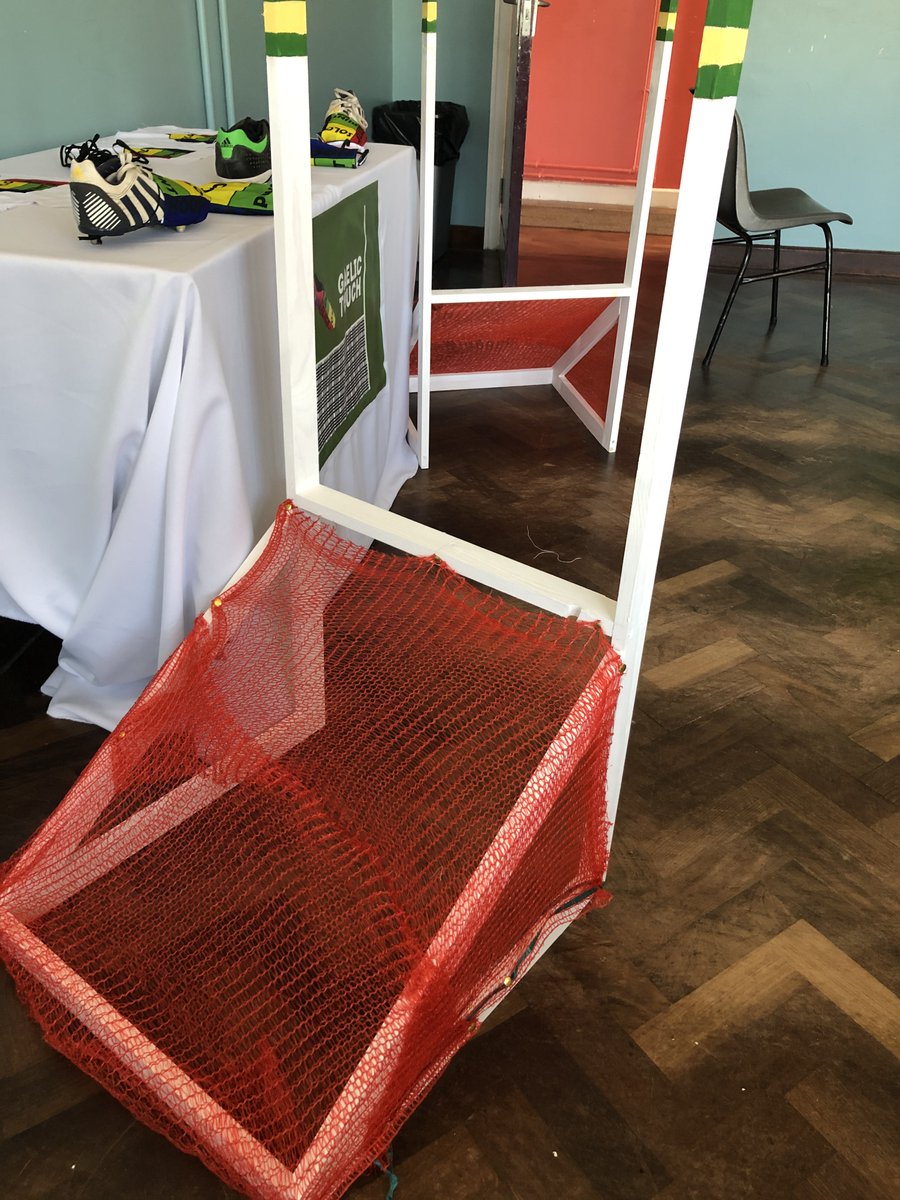 GaelicTouch's tweet photo. 🏐County Final Display🏐 Our stand consists of a GIANT styrofoam football boot, 2 wooden goal posts with recycled red onion bags as nets and our product. More details of our County Final setup, costumes and brand ambassador on our FB &amp; Insta @KerrySEP @StudentEntProg @PresCisland https://t.co/lX6ijKF1SK