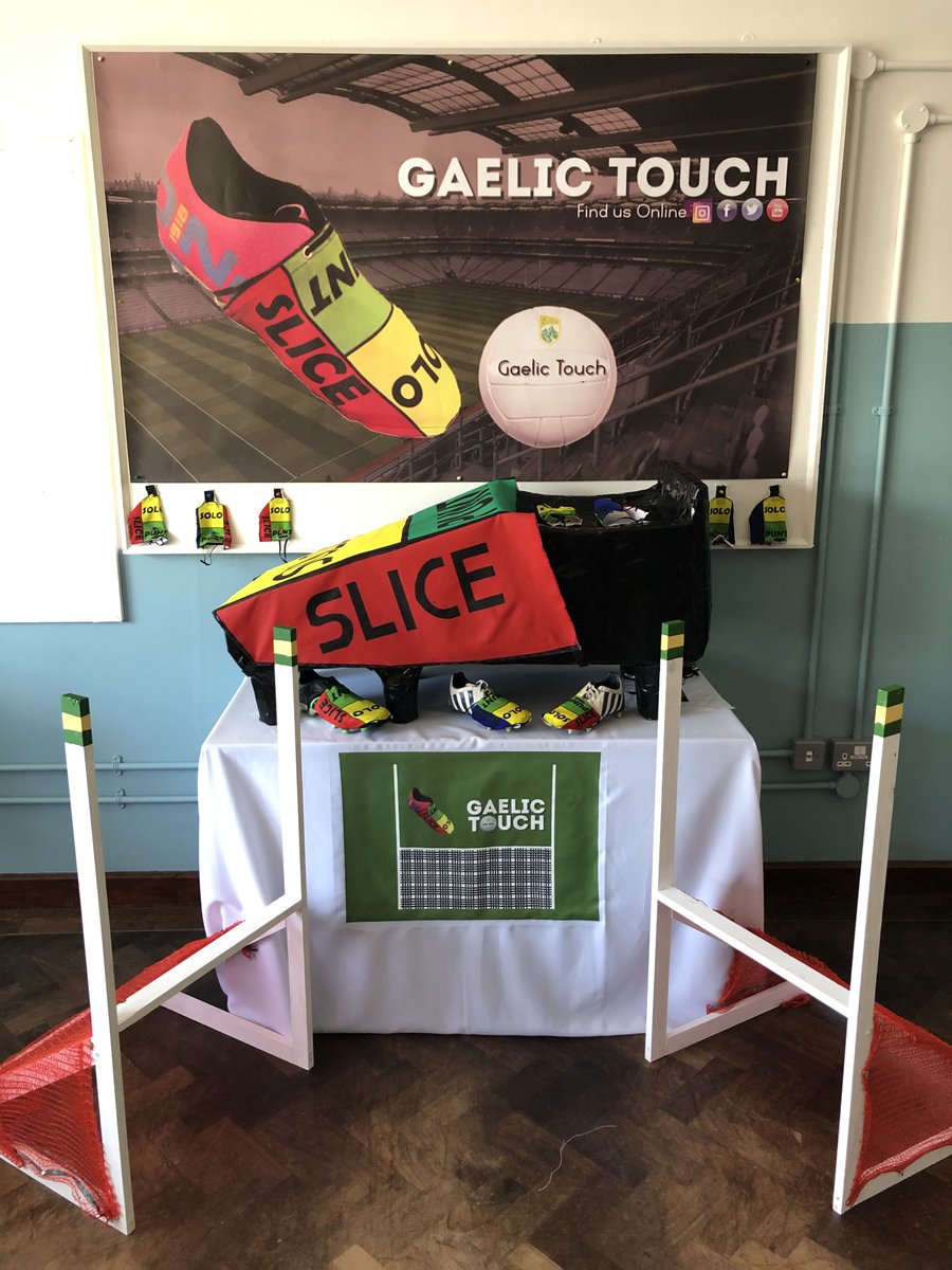GaelicTouch's tweet photo. 🏐County Final Display🏐 Our stand consists of a GIANT styrofoam football boot, 2 wooden goal posts with recycled red onion bags as nets and our product. More details of our County Final setup, costumes and brand ambassador on our FB &amp; Insta @KerrySEP @StudentEntProg @PresCisland https://t.co/lX6ijKF1SK