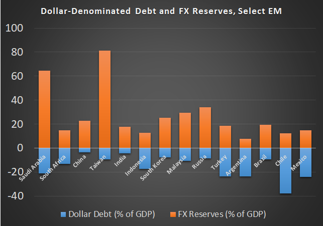 Some nations are in better shape than others, because their FX reserves (stored in dollars and other convertible currencies like euros or gold) exceed their dollar-denominated liabilities. Others are not so lucky. Here are the major EMs FX reserves and USD debts as % of GDP: