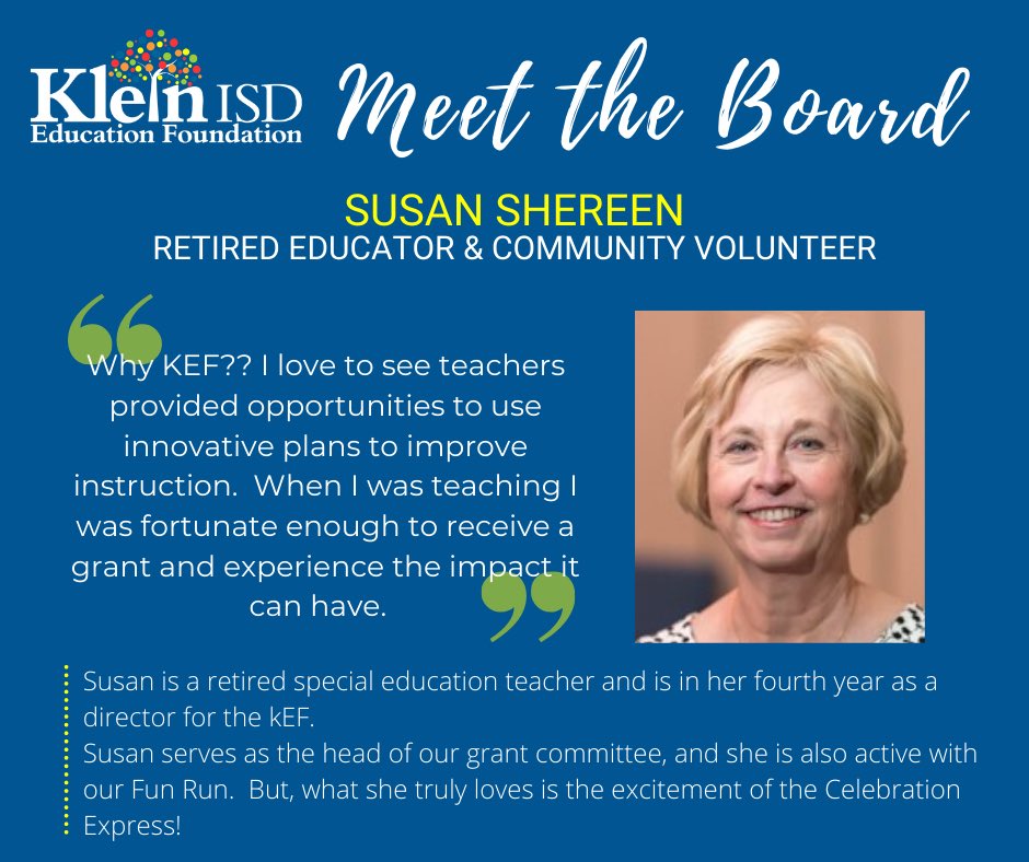 KleinFoundation's tweet photo. 🎉 Meet the Board Monday🎉 
Meet Susan Sheeren!  We are so lucky to have Susan on our board of directors.  As a former educator she is able to give us a unique perspective when it comes to the needs of our current educators.  Her guidance on the grant committee is invaluable!! https://t.co/gQuHe9xt5b