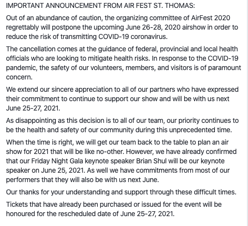 AirFest2022's tweet photo. IMPORTANT ANNOUNCEMENT: 

Air Fest St. Thomas has been postponed.  Please see the message from our board of directors: https://t.co/M2ySHWQrR1