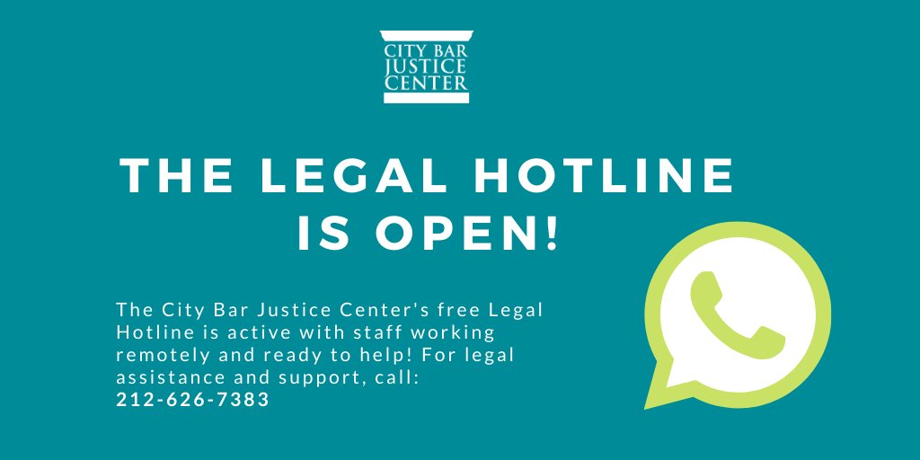 JusticeCtrNews's tweet photo. The City Bar Justice Center’s #LegalHotline is staffed by attorneys ready to help callers during the #COVID19 crisis on topics ranging from #housing, #employment, #consumer #legal issues and more. Call or visit our site: https://t.co/dVf0YHXdtb https://t.co/jPrQEblkH2