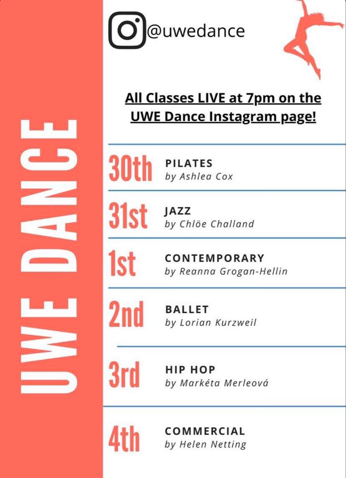 UWE Dance is coming at you with a whole week of dance classes, starting tonight at 19:00 on their Instagram.

Head over for a chance to learn Jazz, Contemporary, Ballet and Hip Hop! 💃🙌🕺