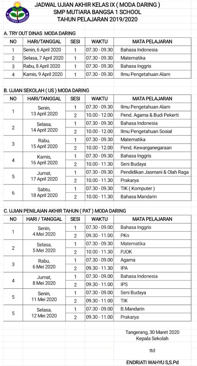 MB1_School's tweet photo. *INFO SMP*

Kegiatan Ujian Try out Dinas, Ujian Sekolah (US) dan Penilaian Akhir Tahun (PAT) kelas IX akan dilaksanakan secara online

Try Out Dinas : 6 - 9 April 2020
US.                   : 13 - 18 April 2020 
PAT.                 : 4 - 12 Mei 2020

Jadwal terlampir https://t.co/uV9CfubTGo