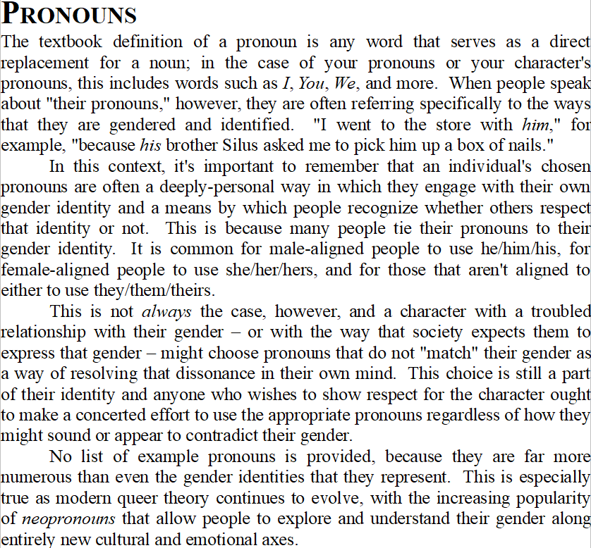 CloverWorked's tweet photo. Working on the #raincloudengine again, my #ruleslite / #ruleslight universal #ttrpg.
As a trans woman, I'd like to contribute to the modernization of the hobby in regards to character's gender and identity - here's what the #raincloudengine has to say about gender and pronouns. https://t.co/PLGbbU4qy2