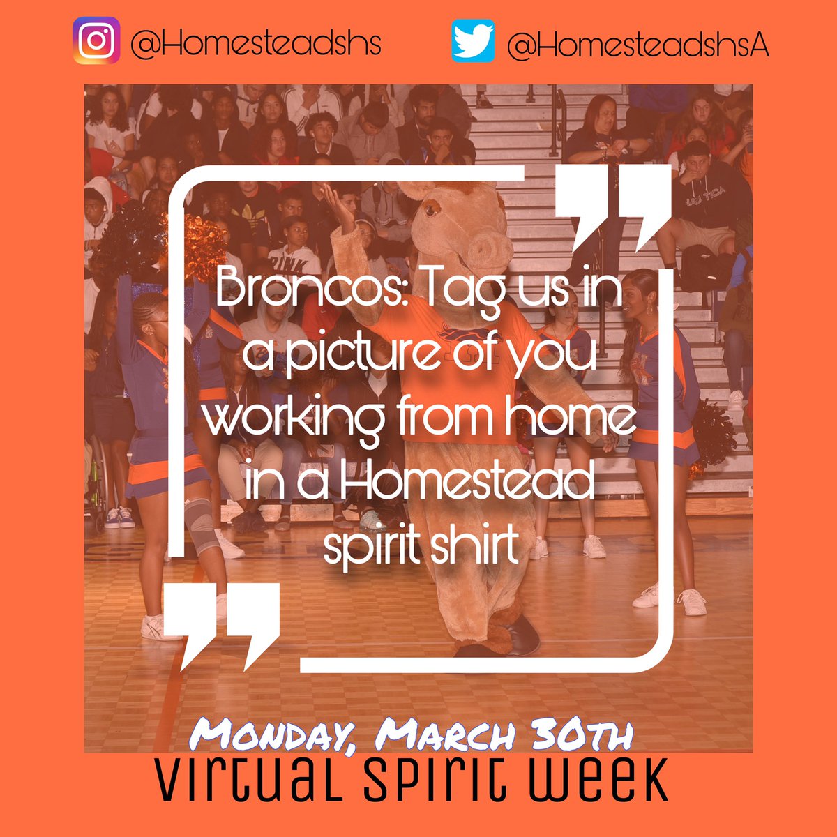 HSHSActivities's tweet photo. BRONCOS: To welcome you back from Spring Break, we are kicking things off with a Virtual Spirit Week. Today is Homestead Senior Spirit Day. Tag us in a picture of you working from home in a Homestead Senior Spirit Shirt! Remember that all posts must be school appropriate. https://t.co/bTeMkqsWmR