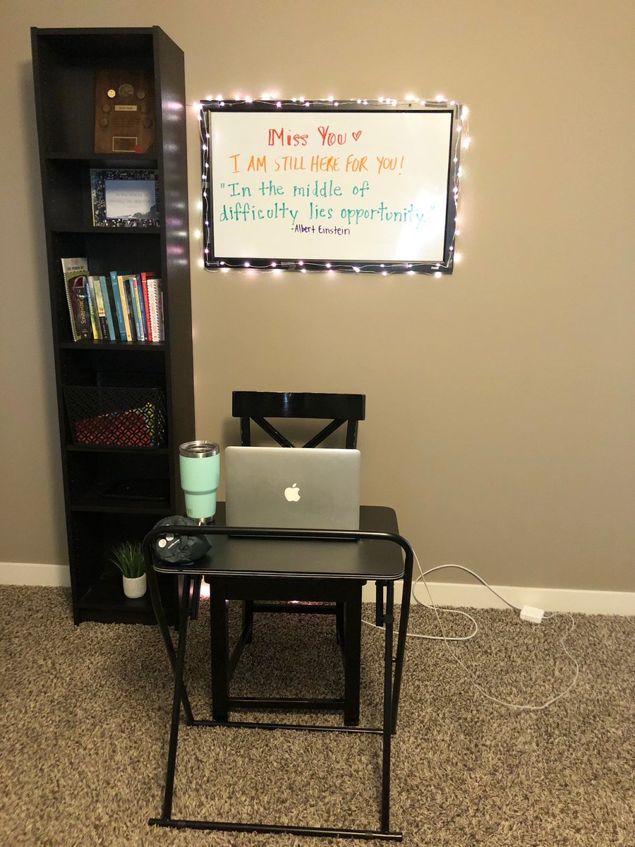 StaceyTMeyer's tweet photo. So here’s to all the @AlbertaEd teachers in our province that despite incredible challenges, continue to make a connection to their students every day, and in every way possible! Hats off to each of you, including this “home office” set up by my little sis at @rdcrs https://t.co/ryXTPJT0MU