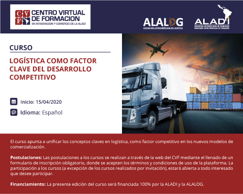 CVF_ALADI's tweet photo. Aún estás a tiempo de registrarte al curso virtual #gratuito "LOGÍSTICA COMO FACTOR CLAVE DEL DESARROLLO COMPETITIVO" #ALADI #ALALOG No pierdas la oportunidad de participar de este curso que iniciará el 15 de abril!! Regístrate aquí: https://t.co/V7tQx5xuqo https://t.co/LyUyTnPaFN