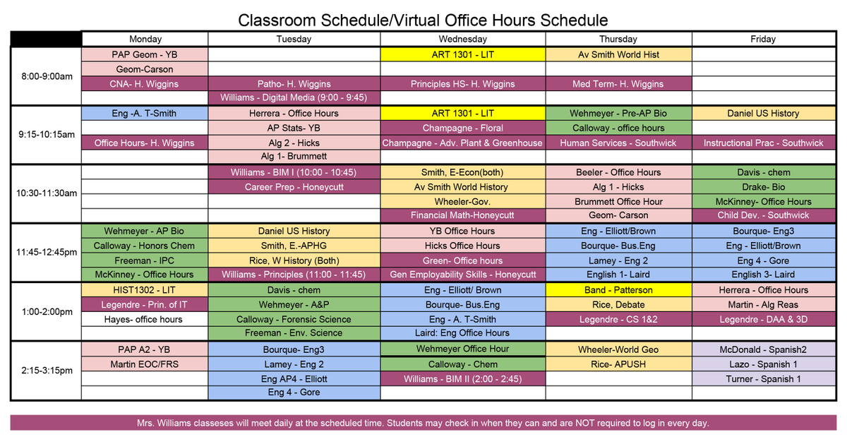 SilsbeeISD's tweet photo. SHS students...here is the teachers classroom schedule and virtual office hours.
#WeAreSilsbee https://t.co/6nBoDYdiVX
