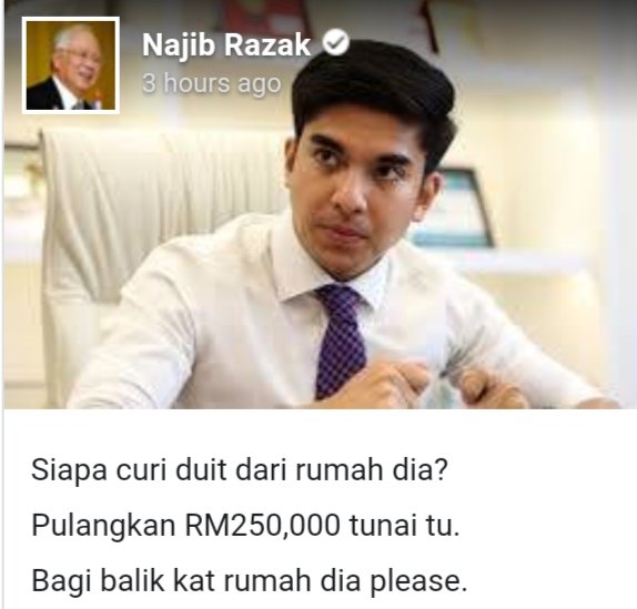HamdanRukun's tweet photo. Kalau saya tag DS Najib ada orang panas. Nak tag pencuri tu, tak tau sape. Saya tag YB @SyedSaddiq je lah. Nak bagitau, orang yg YB serang selama ini sedang membantu YB mendapatkan semula RM 250 ribu yang hilang tu. https://t.co/WFM0Ie1Gu1