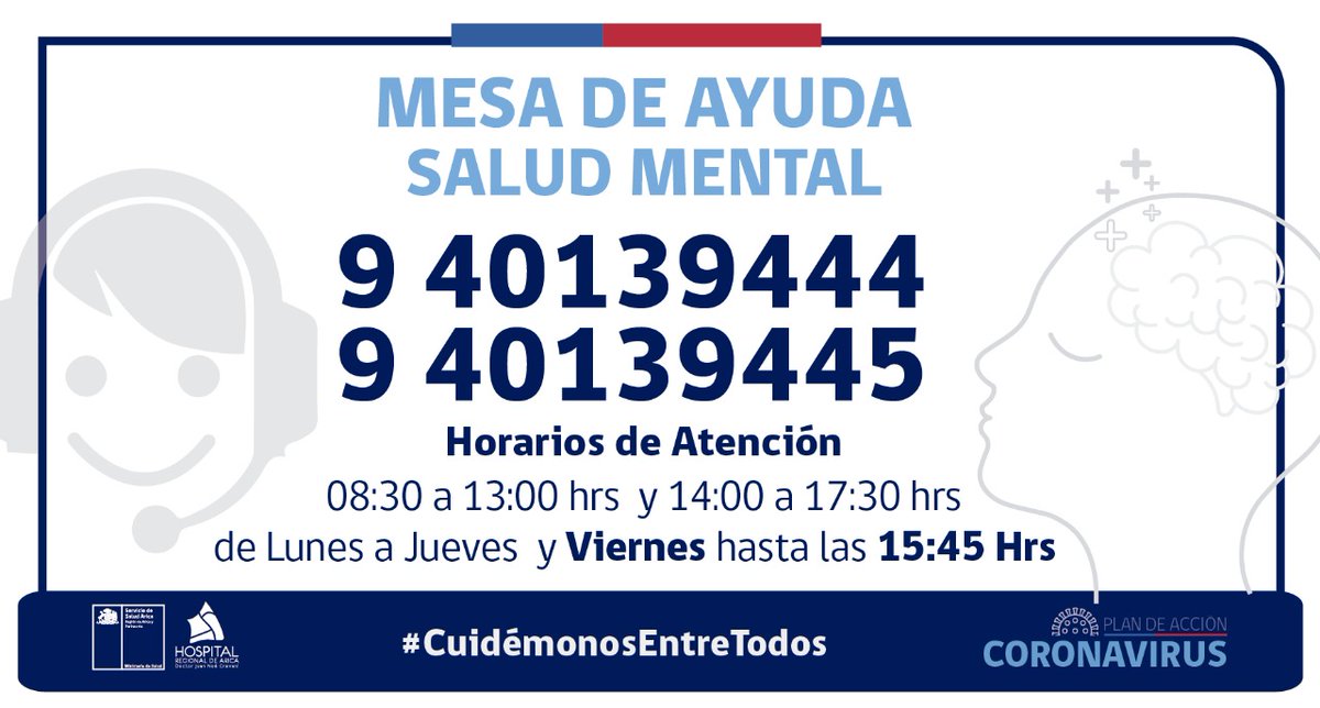 HospitalArica's tweet photo. Desde hoy lunes 30 de marzo tenemos a disposición una Mesa de Ayuda de apoyo de salud mental, atendida por profesionales del @saludarica #PlanCoronavirus #CuidateEntreTodos https://t.co/6srAv3J5el