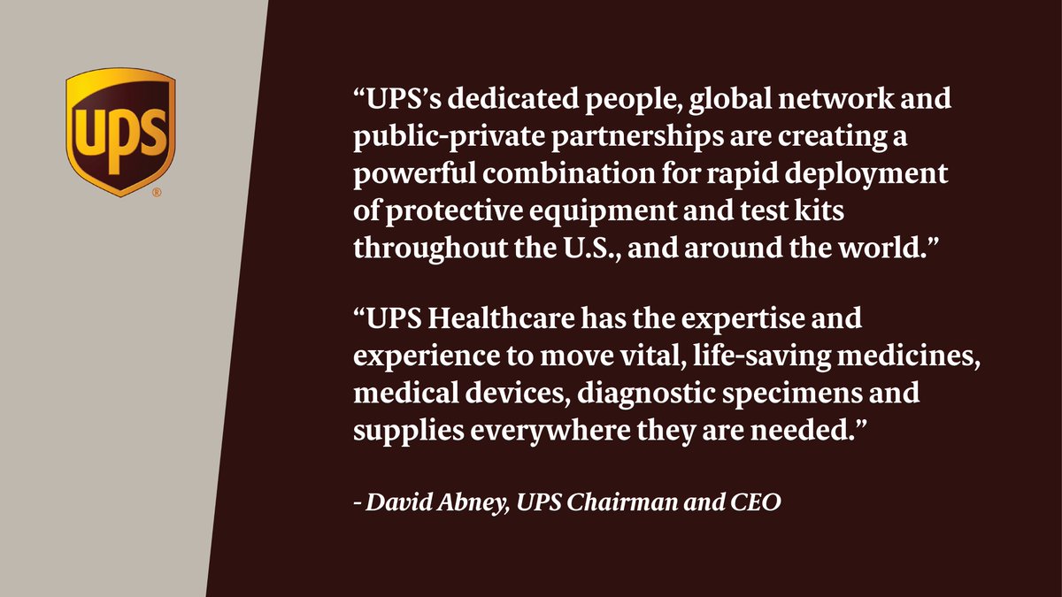 .<a href="/UPS/">UPS</a> is proud to be working with global customers and U.S. agencies to transport testing kits, personal protection equipment (PPE) and medical devices needed in support of public safety and to speed diagnosis and therapy for #COVID19.
bit.ly/3bHTBTz