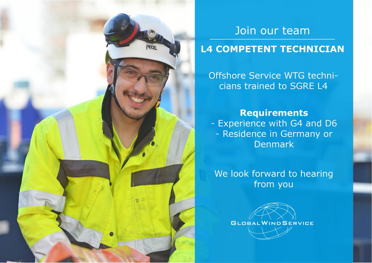 Global_Wind_S's tweet photo. We are hiring: L4 Offshore Service Technicians with Residence in Germany or Denmark
https://t.co/MGNnK29rOK
#joinus #gws #globalwindservice #everywherethewindblows https://t.co/bthzz3LrSp