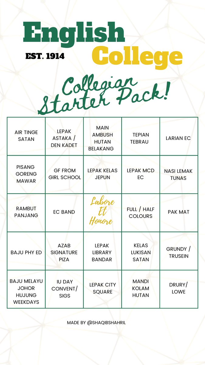 shaqibshahril's tweet photo. To all English College Johore Bahru Old Boys and collegians, for those who seek collegian starter pack and Q&amp;A, here you go. 

Do upload and share in your Instagram story. 

#LaboreEtHonore https://t.co/qzThXefHFA