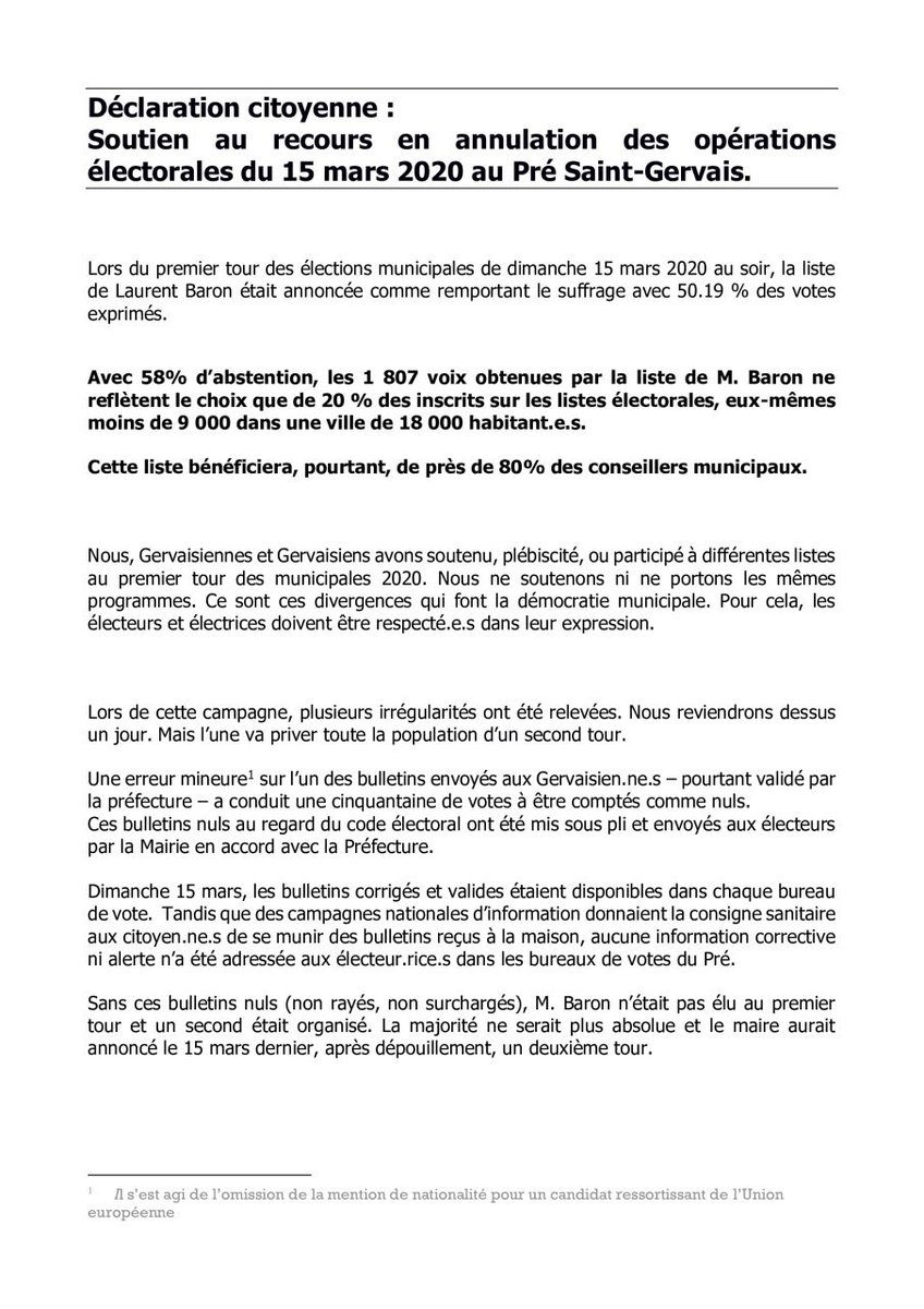 PreCitoyen's tweet photo. 🔴 NOUS AVONS DEPOSE UN RECOURS EN ANNULATION DES RESULTATS DU 15 MARS AU PRE SAINT GERVAIS

🖊 Pour lire et signer la tribune citoyenne de soutien à ce recours : allez sur notre site, envoyez-nous un mail : listecitoyenneaupre@gmail.com 

#municipales #pré #Municipales2020 https://t.co/xdWwX8xJpi