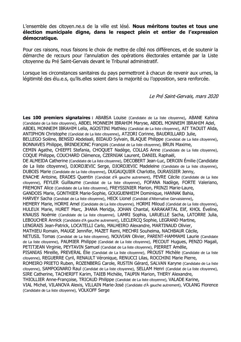 PreCitoyen's tweet photo. 🔴 NOUS AVONS DEPOSE UN RECOURS EN ANNULATION DES RESULTATS DU 15 MARS AU PRE SAINT GERVAIS

🖊 Pour lire et signer la tribune citoyenne de soutien à ce recours : allez sur notre site, envoyez-nous un mail : listecitoyenneaupre@gmail.com 

#municipales #pré #Municipales2020 https://t.co/xdWwX8xJpi