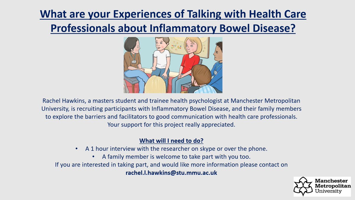 CrohnsColitisR's tweet photo. 8.
What are your #Experiences of #TalkingWith #HealthCareProfessionals about #IBD and receiving #Support?ππ€
@RHawkins_Health @ManMetUni is recruiting people to discuss their experiences of #Crohns or #UlcerativeColitis supportπ
Info on joining here:
https://t.co/210Nv9f20L https://t.co/OoZbZfnPxW